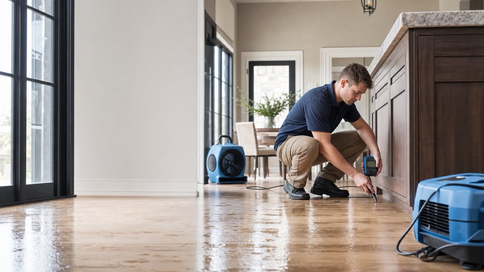Technician documenting moisture readings beside drying equipment on a wet floor in a San Antonio home